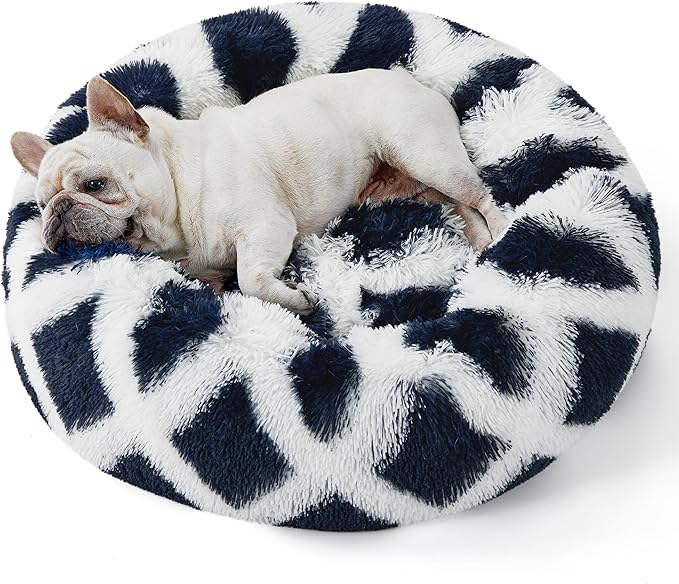 Bedsure Calming Dog Bed for Small Dogs - Donut Washable Small Pet Bed, 23 inches Anti-Slip Round Fluffy Plush Faux Fur Large Cat Bed, Fits up to 25 lbs Pets, Diamond Blue