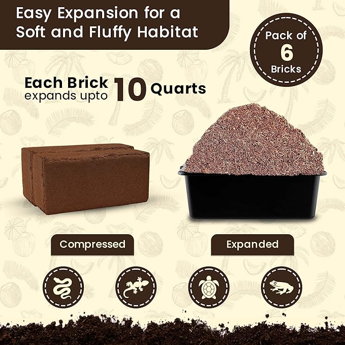 ReptiCare Coconut Coir Brick Compressed 1.4 lb Brick 6-Pack - Expands to 60 Quarts, Coconut Fiber Bedding for Ball Pythons, Bearded Dragons, Lizards, Tortoises, Hermit Crabs, Bioactive Terrariums