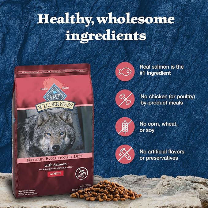 Blue Buffalo Wilderness Adult High-Protein Dry Dog Food, Made in the USA with Natural Ingredients, Salmon with Wholesome Grains, 24-lb. Bag