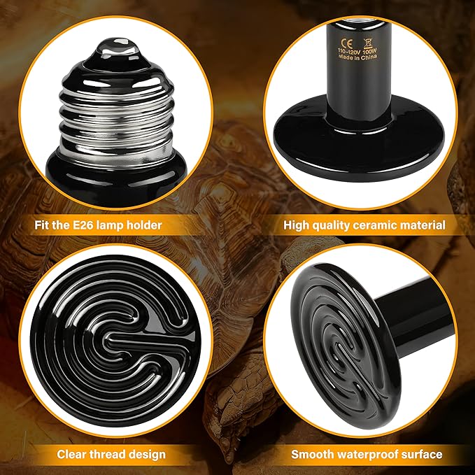 HealSmart Reptile Heat Lamp 150W 2-Pack Ceramic Heat Emitter, No Light Emitting Heat Bulbs for Amphibian Pet Brooder Coop Incubating Chicken, Lizard Bearded Dragon Turtle Snake Terrarium Black