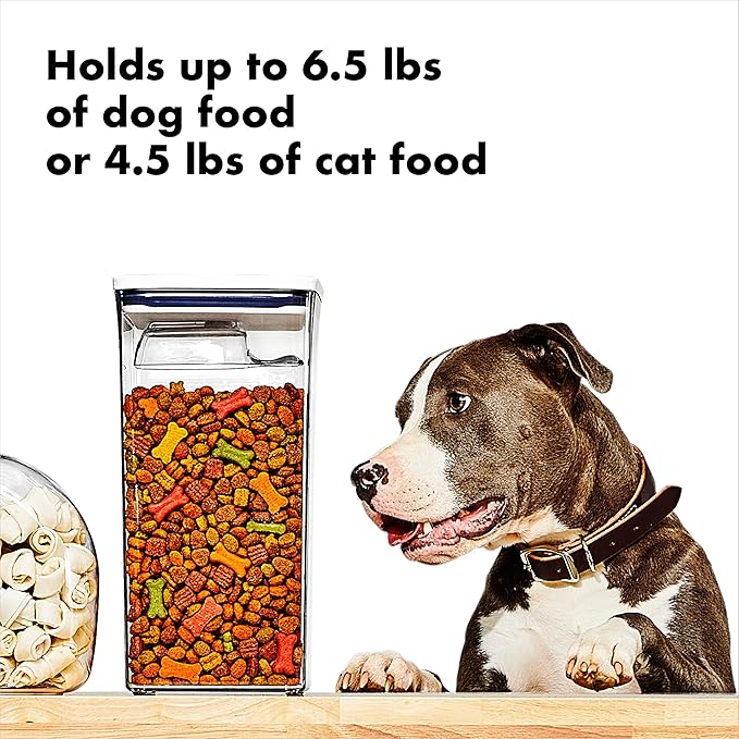 OXO Good Grips Pet POP Container – 6.0 Qt/5.7 L with Half Scoop |Ideal for up to 6.5lbs of Dog Food or 4.5lbs of Cat Food | Airtight Dog and Cat Food Storage Container | BPA Free, Clear