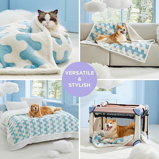 Lesure Waterproof Dog Blanket for Large Dogs - Washable Double Sided Dog Blankets with Warm Jacquard Shag and Soft Sherpa Fleece, Pet Cat blanket for Bed Protection, 3D Textured Wave, Blue