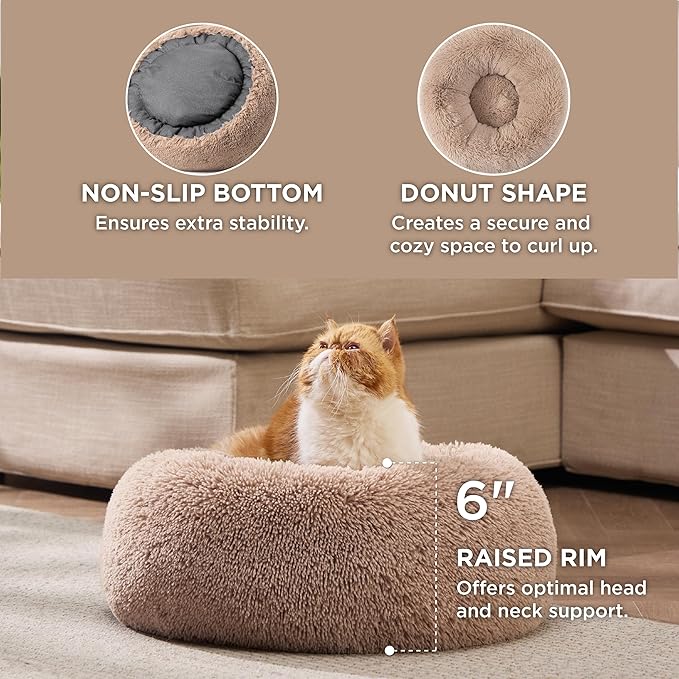 Bedsure Calming Cat Beds for Indoor Cats - Small Cat Bed Washable 20 inches, Anti-Slip Round Fluffy Plush Faux Fur Pet Bed, Fits up to 15 lbs Pets, Camel