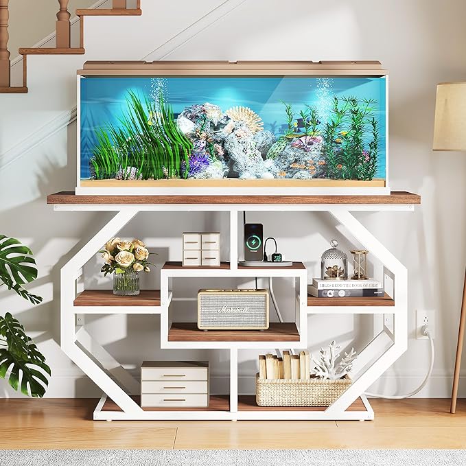 DWVO 55-75 Gallon Aquarium Stand with Power Outlet, Display Stand for Turtle Tank, Reptile Terrarium, Metal Fish Tank Stand Suitable for Living Room, Entryway, 860LBS Capacity, White & Walnut