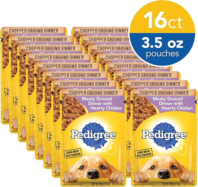 PEDIGREE CHOPPED GROUND DINNER Adult Soft Wet Dog Food With Hearty Chicken, 3.5 oz Pouches, 16 Pack