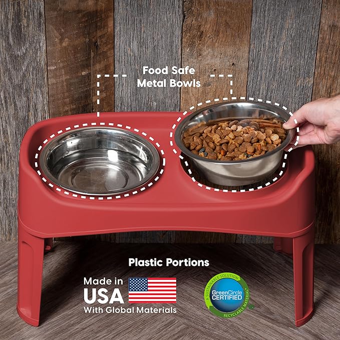 IRIS USA Elevated Dog Bowls, Adjustable Height, 2 Thick 64 oz Stainless Steel Bowls, Spill-Proof with Raised Outer Rim, Durable Made in USA Plastic, Easy Assemble, 2 Heights 4.63" or 12.25" Red
