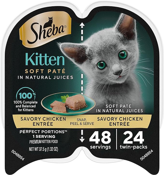 Sheba Wet Food PERFECT PORTIONS Kitten Paté Wet Cat Food Trays (24 Count, 48 Servings), Savory Chicken Entrée, Easy Peel Twin-Pack Trays