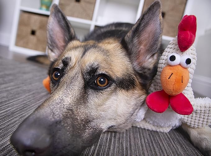 goDog Checkers Skinny Rooster Squeaky Plush Dog Toy, Chew Guard Technology - White, Large