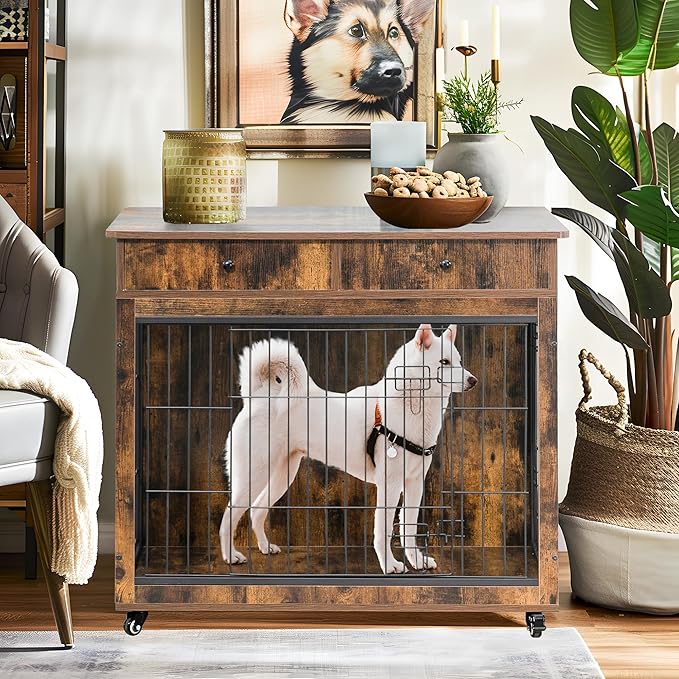 NicBex Dog Crate Furniture, 38.4" L Dog Crates for Large Dogs, Large Dog Crate with Drawers, Wooden Dog Kennel Indoor Pet Crate for Small Medium Large Dog, Rustic Brown