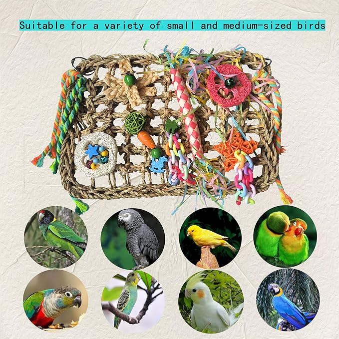 Bird Toys, Bird Foraging Toy, Parrot Toys, Eatable Seaweed Woven Hammock Toys for Parrots, Hanging Budgie Toys with Chewing Toys, Climbing Mat for Lovebirds, Finch, Parakeets Medium/Small Birds