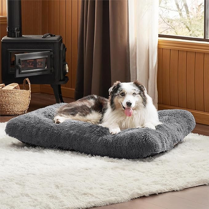 Bedsure Large Dog Bed Washable, Plush Calming Dog Crate Beds for Large Breed, Fulffy Dogs Sleeping Mat, Anti-Slip Pet Kennel Pad, 35" x 23", Dark Grey