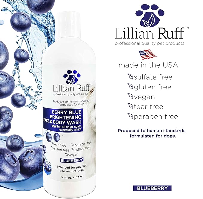 Lillian Ruff Berry Blue Brightening Face and Body Wash for Dogs - Blueberry Shampoo - Remove Tear Stains, Hydrate Dry Itchy Skin, Add Shine & Luster to Coats (Berry Blue Shampoo 16oz)