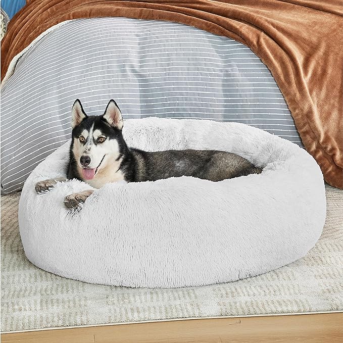 Bedsure Calming Dog Bed for Large Dogs - Donut Washable Large Pet Bed, 36 inches Anti Anxiety Round Fluffy Plush Faux Fur Dog Bed, Fits up to 100 lbs Pets, Frost Grey