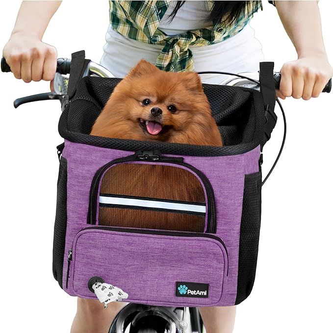 PetAmi Dog Bike Basket, Soft-sided Ventilated Dog Bike Carrier Backpack, Dog Pet Bicycle Basket for Bike Handlebar, Small Medium Puppy Cat Kitten Car Booster Seat with Safety Strap (Purple)