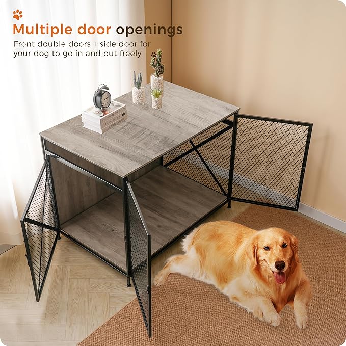 DWANTON Dog Crate Furniture, 42.5" L Three-Door Wooden Dog Kennel Indoor, Connectable expansion, Wooden Dog Crate Table for Small/Medium/Large Dog, Dog House, Dog Cage Large, Greige