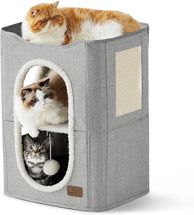 Bedsure 2-Level Cat House for Indoor Cats - Small Cat Towers with Scratch Pad and Hideaway Condo, Cat Cave Bed Furniture for Multi Pets and Large Cats, 18x14x23 inches, Grey