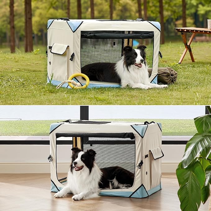 Lesure Collapsible Dog Crate - Portable Dog Travel Crate Kennel for Medium Dog, 4-Door Pet Crate with Durable Mesh Windows, Indoor & Outdoor (Beige)