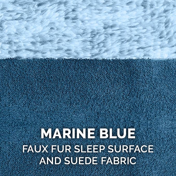 Furhaven Memory Foam Dog Bed for Large/Medium Dogs w/ Removable Bolsters & Washable Cover, For Dogs Up to 55 lbs - Two-Tone Plush Faux Fur & Suede L Shaped Chaise - Marine Blue, Large