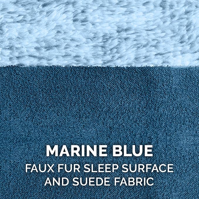 Furhaven Memory Foam Dog Bed for Large Dogs w/ Removable Bolsters & Washable Cover, For Dogs Up to 95 lbs - Two-Tone Plush Faux Fur & Suede L Shaped Chaise - Marine Blue, Jumbo/XL