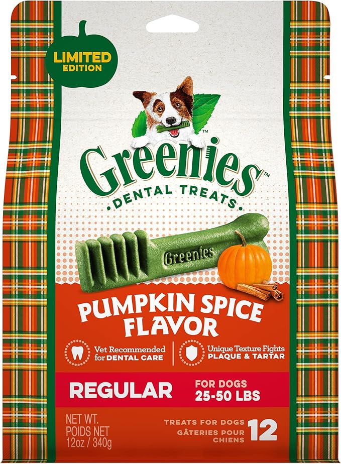 Greenies Pumpkin Spice Flavor Regular Size, Veterinarian-Recommended for Dental Care, Dog Treat Chews, Limited Edition, 12 oz., Pack of 12