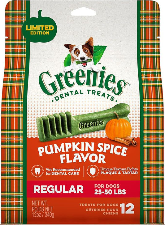 Greenies Pumpkin Spice Flavor Regular Size, Veterinarian-Recommended for Dental Care, Dog Treat Chews, Limited Edition, 12 oz., Pack of 12