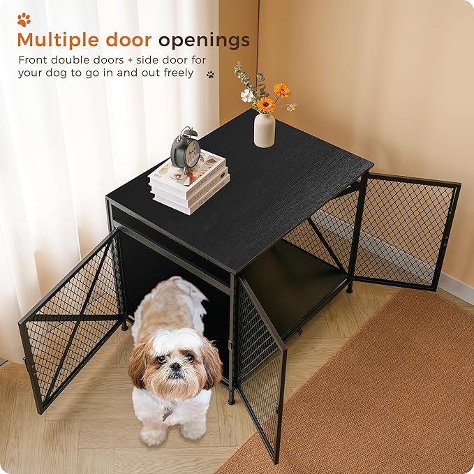 DWANTON Dog Crate Furniture, 25" L Three-Door Wooden Dog Kennel Indoor, Connectable expansion, Wooden Dog Crate Table for Small/Medium/Large Dog, Dog House, Dog Cage Large, Black