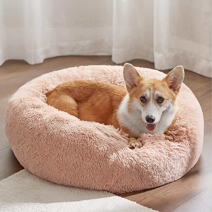 Bedsure Calming Dog Bed for Medium Dogs - Donut Washable Medium Pet Bed, 30 inches Anti-Slip Round Fluffy Plush Faux Fur Cat Bed, Fits up to 45 lbs Pets, Pink