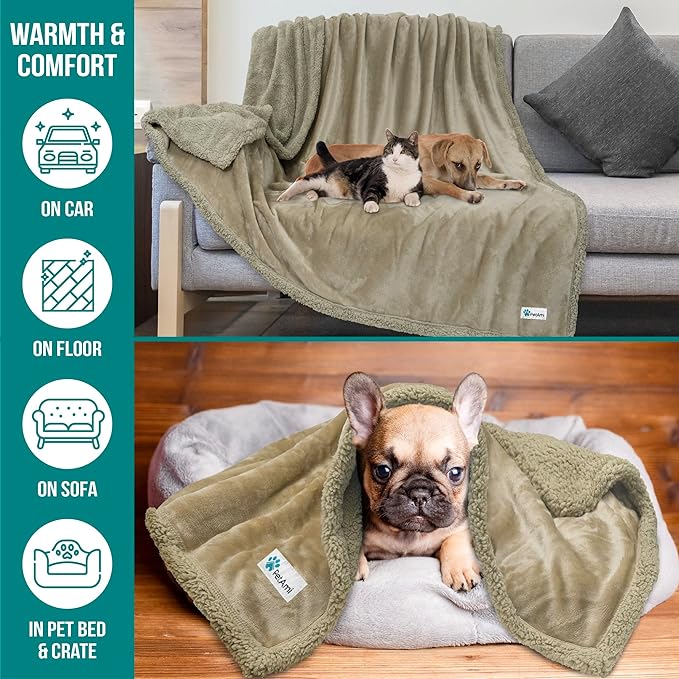 PetAmi WATERPROOF Dog Blanket for Bed, XL Dog Pet Blanket Couch Cover Protector, Sherpa Fleece Leakproof Blanket for Crate Kennel Sofa Furniture Queen Bed Protection Reversible Soft 90x90 Taupe Taupe