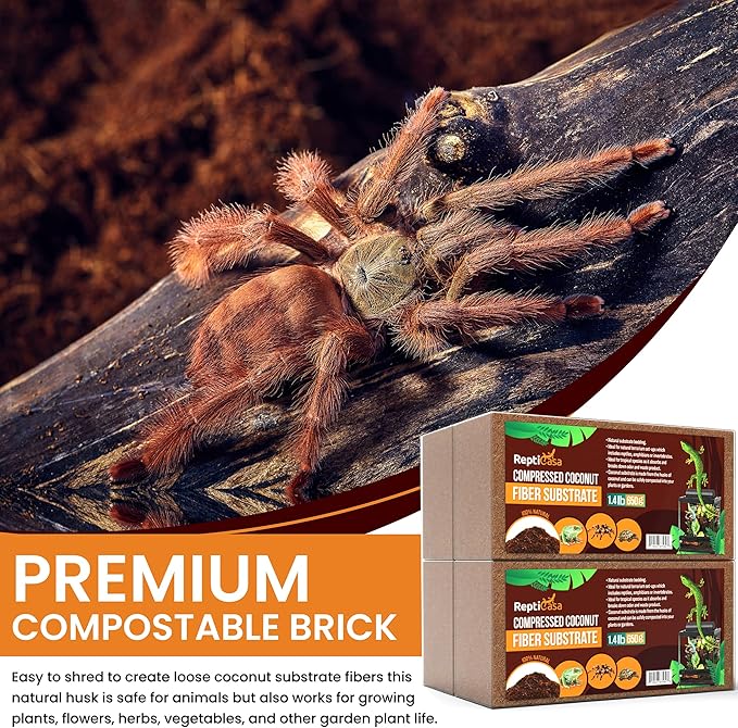Compressed Coconut Fiber Substrate, 1.4 lb. Bricks, Natural Husk Terrarium Bedding, Reptiles, Frogs, Snakes, or Tortoise, Odor and Waste Absorbent Compostable, 5 Pack