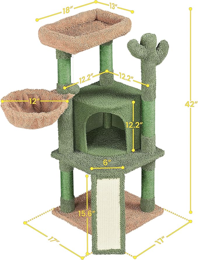 Yaheetech Cactus Cat Tree, 42in Cat Tower for Indoor Cats, Multi Level Cat Condo Scratching Post, Cat Activity Center Pet Furniture w/Ball, Plush Perch, Platform, Basket