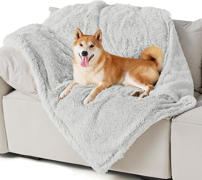 Bedsure Waterproof Dog Blankets for Large Dogs - Calming Cat Blanket for Couch Protector Washable, Long Faux Fur Pet Throw Blanket for Puppy, Reversible Furniture Protection, 40"x50", Light Grey