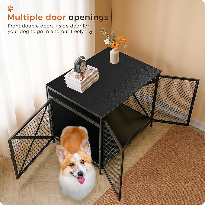 DWANTON Dog Crate Furniture, 31.5" L Three-Door Wooden Dog Kennel Indoor, Connectable expansion, Wooden Dog Crate Table for Small/Medium/Large Dog, Dog House, Dog Cage Large, Black