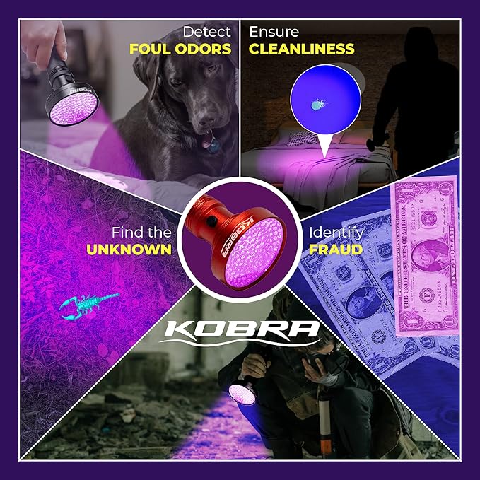 Kobra Black Light Flashlight 100 LED Lamp and Blacklight for Home & Hotel Inspection, Pet Urine & Stains - Ultra Intensity 18W 385-395nm LEDs Spot Counterfeit Money, Leaks, Scorpions (100 LED) (Red)