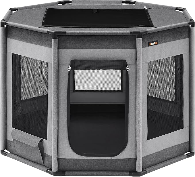 Feandrea Dog Playpen, Oxford Fabric Dog Fence, Octagon Dog Crate, XL, 44.1 x 44.1 x 30 Inches, PVC Pipe Frame, Breathable Mesh, Double Openings, Dove Gray and Slate Gray UPDC006G01