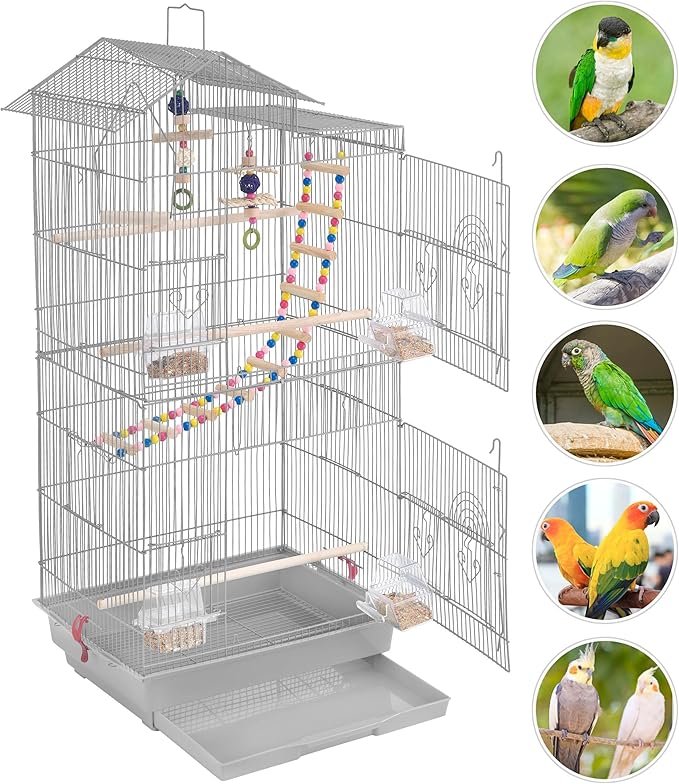 Yaheetech 39inch Iron Roof Top Bird Cage Parakeet Cage Parrot Cage for Small Birds Canary Budgie Cockatiel Lovebirds with Swing & Ladder