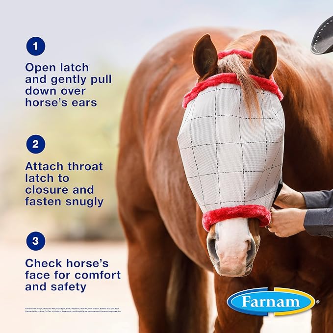 Farnam SuperMask II Fly Mask Without Ears for Smaller Horses or Arabian Horses,Full Face Coverage & Eye Protection from Insect Pests, Structured Classic Mesh with Plush Trim,Small Horse/Arabian Size