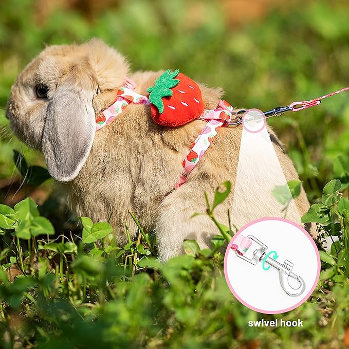 Rabbit Harness and Leash - Adjustable Bunny Harness Escape Proof for Walking Runnig Hiking Camping Outdoor - Pink Strawberry Pattern Cute Small Animal Harness Leash Set