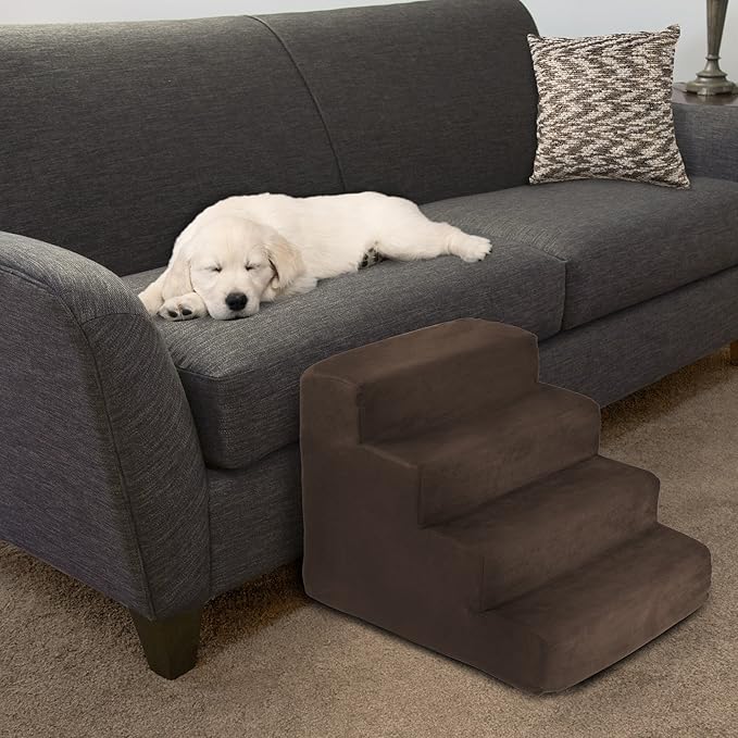 4-Step Pet Stairs - Nonslip Foam Dog and Cat Steps with Removable Zippered Microfiber Cover - Designed for Home or Vehicle Use by PETMAKER (Brown)