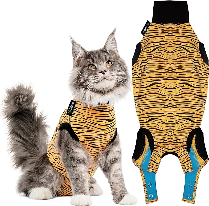 Cat Recovery Suit - Cat Recovery Suit for Spay, Neuter, Suture, Incision, & Skin Conditions - Breathable Fabric with Back Opening - XS Cat Suit by Suitical, Tiger Print