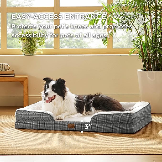 Bedsure Orthopedic Dog Bed for Large Dogs - Big Washable Dog Sofa Beds Large, Supportive Foam Pet Couch Bed with Removable Washable Cover, Waterproof Lining and Nonskid Bottom, Black Checks