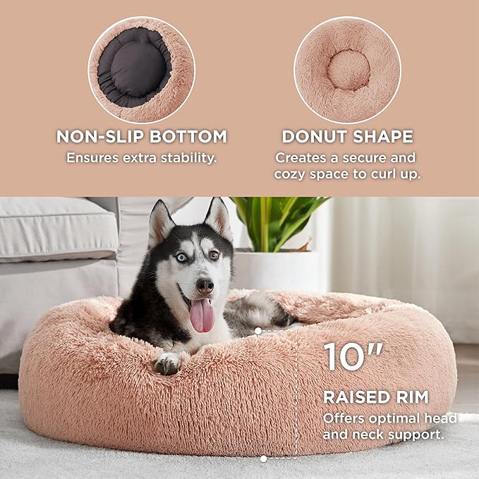 Bedsure Calming Dog Bed for Large Dogs - Donut Washable Large Pet Bed, 36 inches Anti-Slip Round Fluffy Plush Faux Fur Dog Bed, Fits up to 100 lbs Pets, Pink