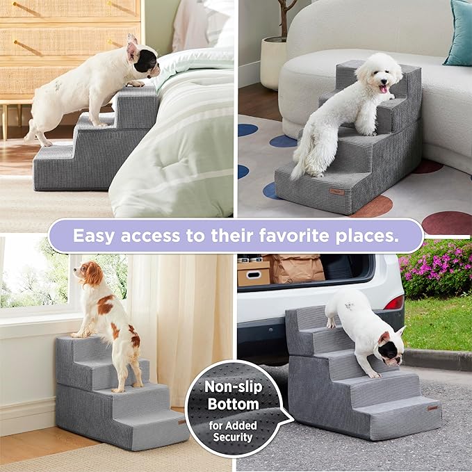 Lesure Dog Stairs for Small Dogs - Pet Stairs for High Beds and Couch, Folding Pet Steps with CertiPUR-US Certified Foam for Cat and Doggy, Non-Slip Bottom Dog Steps, Grey, 5 Steps