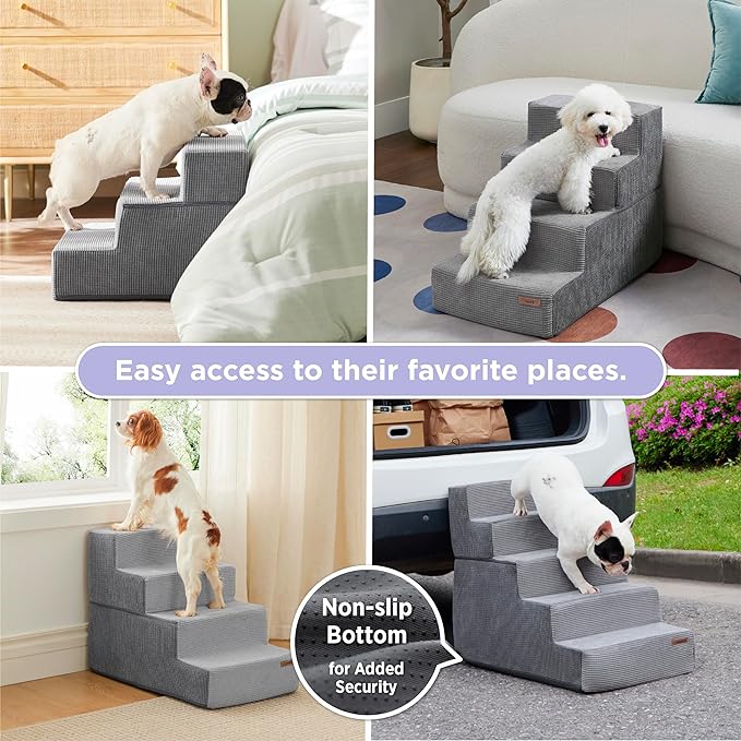 Lesure Dog Stairs for Small Dogs - Pet Stairs for Beds and Couch, Folding Pet Steps with CertiPUR-US Certified Foam for Cat and Doggy, Non-Slip Bottom Dog Steps, Grey, 3 Steps