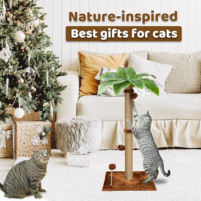 Cat Scratching Post, 34'' Tall Scratchers Post for Indoor Cats, Cute Cat Tree Climbing Post for Large Cats and Kittens, Brown