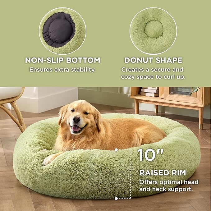 Bedsure Calming Dog Bed for Extra Large Dogs - Donut Washable Large Pet Bed, Anti-Slip Round Fluffy Plush Faux Fur Dog Bed, Fits up to 125 lbs Pets, Green, 45 inches