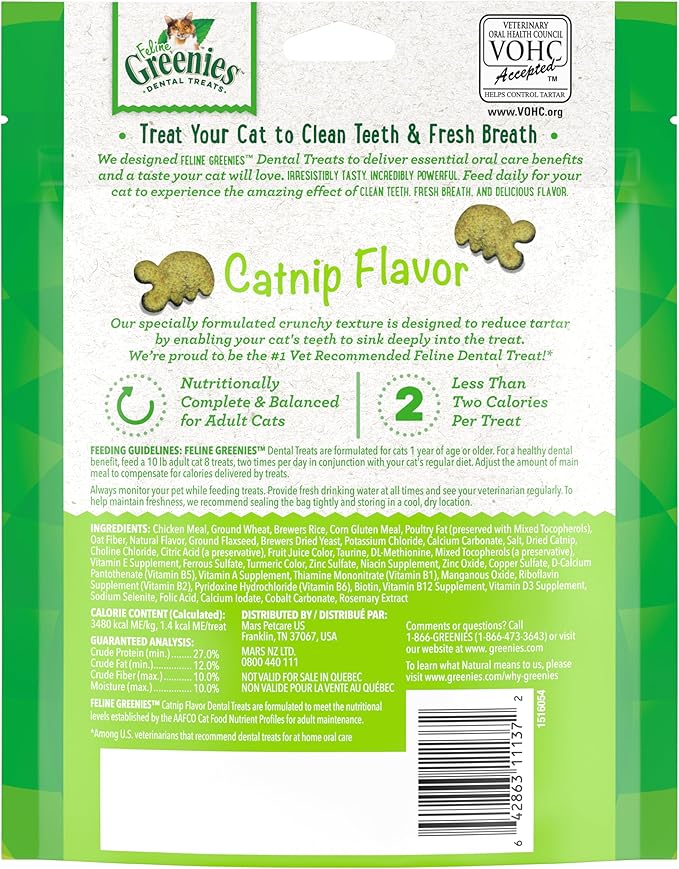 Greenies Feline Adult Natural Dental Care Cat Treats, Catnip Flavor, 4.6 oz. Pouch