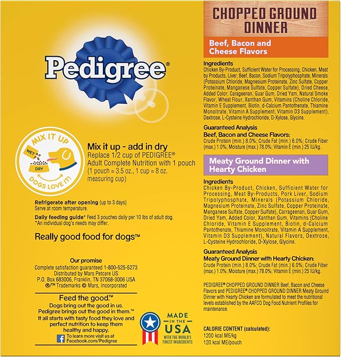 PEDIGREE CHOPPED GROUND DINNER Adult Soft Wet Dog Food 8-Count Variety Pack, 3.5 oz Pouches (Pack of 2)