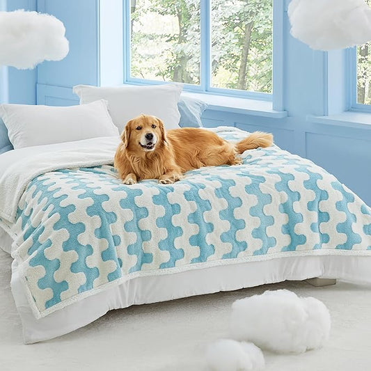 Lesure Waterproof Dog Blanket for Large Dogs - Washable Double Sided Dog Blankets with Warm Jacquard Shag and Soft Sherpa Fleece, Pet Cat blanket for Bed Protection, 3D Textured Wave, Blue