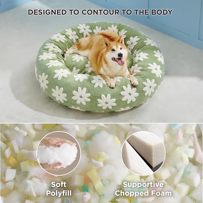 Lesure Donut Small Dog Bed - Round Cat Beds for Indoor Cats Anti-Anxiety Calming Pet Beds, Washable Cute Modern Beds with Teddy Sherpa Plush & Anti Slip Bottom Green