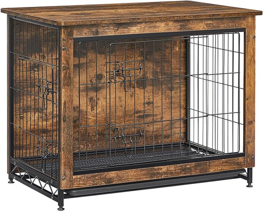 Feandrea Dog Crate Furniture, Side End Table, Modern Kennel for Dogs Indoor up to 45 lb, Heavy-Duty Dog Cage with Multi-Purpose Removable Tray, Double-Door Dog House, Rustic Brown UPFC002X01